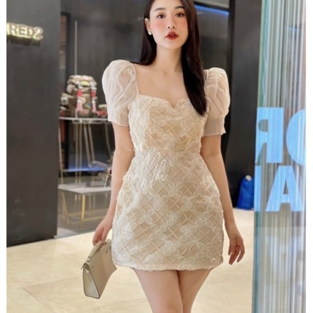 Đầm dự tiệc trắng ren hoa nổi cao cấp tay phồng vuông chữ A thanh lịch công sở đám cưới váy dự tiệc cao cấp