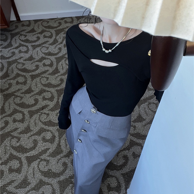 IELGY Áo Thun Tay Dài Màu Trơn Dáng Ôm Khoét Lỗ Cá Tính Cho Nữ Màu Sắc