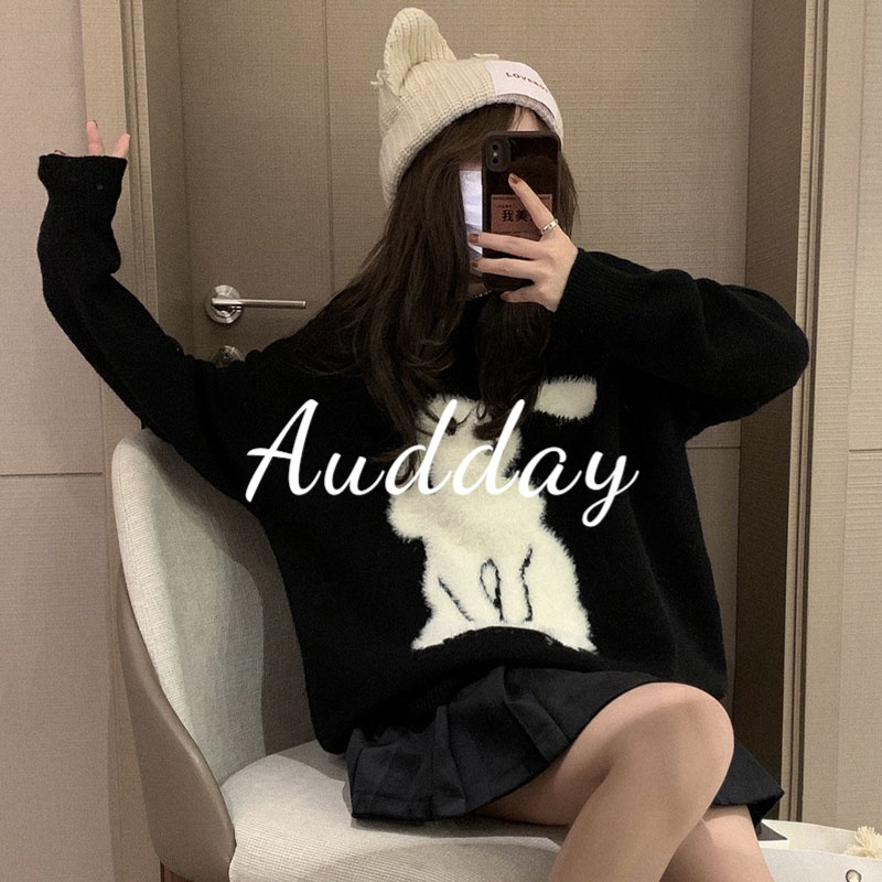 Áo Khoác Len cashmere Dáng Rộng In Hình Thỏ Kiểu vintage Mỹ Thời Trang Thu Đông Cho Nữ