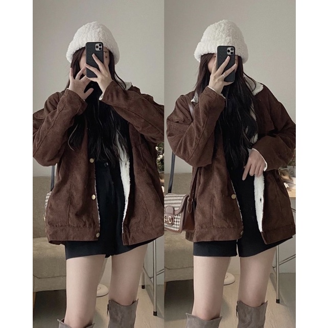 Áo khoác nhung tăm nót lông from rộng over size chất dày dặn 3 màu YANSOO