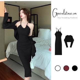 Gaeul store-set đầm váy len dây body kèm choàng lửng sang chảnh