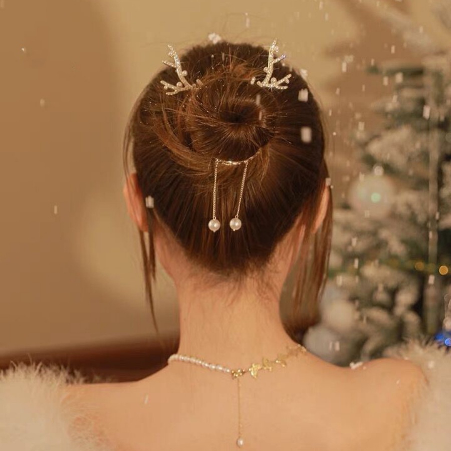 Kẹp Tóc Hình Sừng Tuần Lộc Bằng Kim Loại Đính Ngọc Trai Giả Giá Đỡ