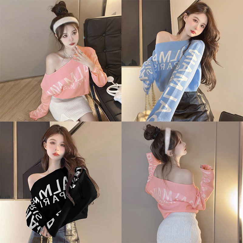 Áo Sweater Dệt Kim Dáng Rộng In Chữ Phong Cách Hàn Quốc Cho Nữ