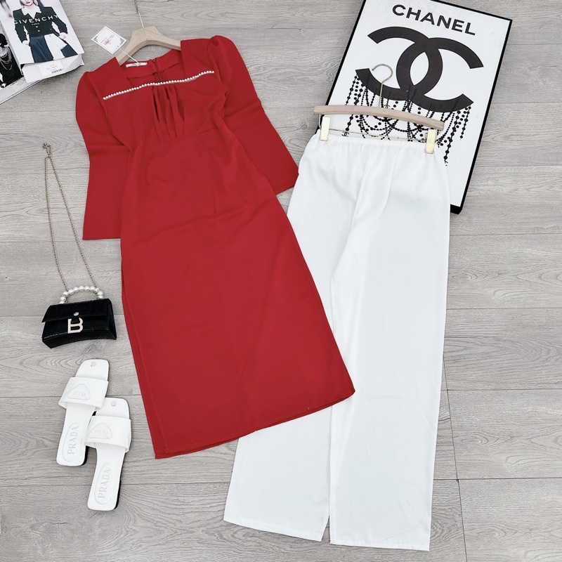 [ 𝐅𝐑𝐄𝐄 𝐒𝐇𝐈𝐏 ] Áo dài đỏ cổ vuông viền ngọc siêu xinh Vải lụa  mềm đẹp, khoá lưng dễ mặc, viền cổ dây ngọc sịn