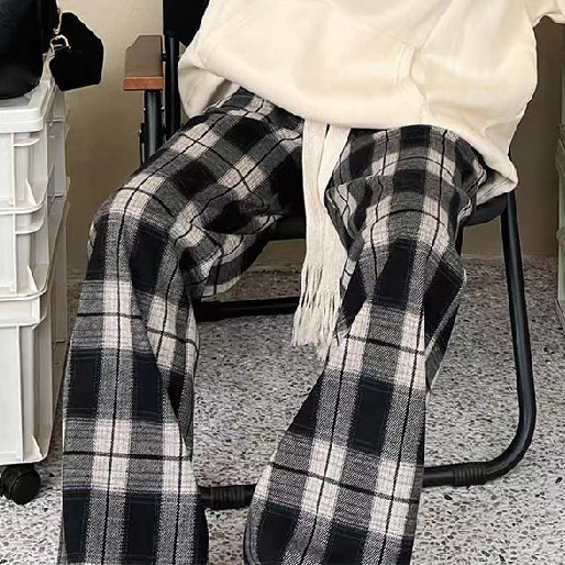 SUXI Quần Dài Lưng Cao Ống Rộng Họa Tiết Sọc Caro Thời Trang Xuân Thu