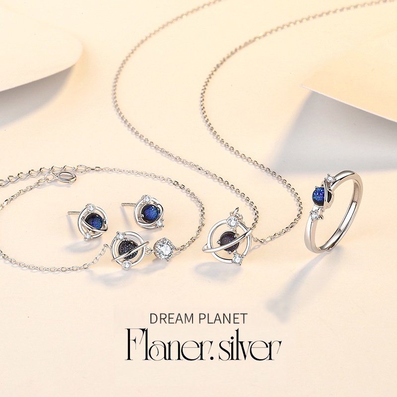 Bộ 4 trang sức, Dream Planet, bạc S925, Flaner.Silver, đính đá Blue cao cấp, phụ kiện trang sức bạc - FS04