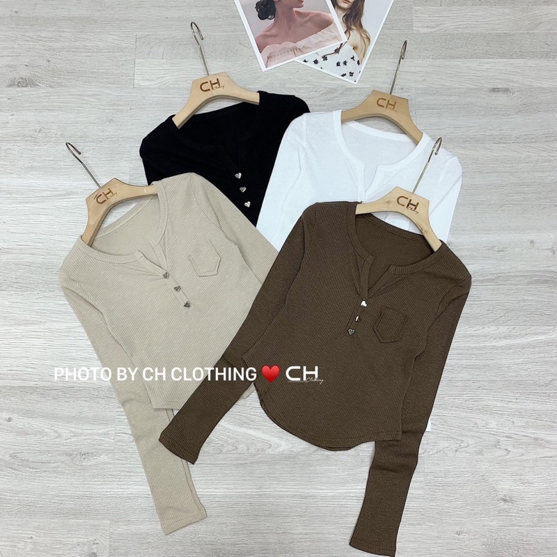 Áo thun gân tăm nút gài dài tay form ôm body, Áo dài tay vạt bầu phối khuy nữ Thun kiểu dáng ôm body bánh bèo tiểu thư