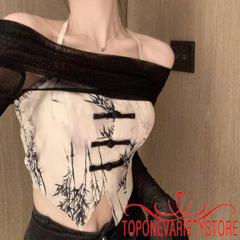 Áo Croptop Dài Tay Hở Lưng + Áo Cột Dây In Họa Tiết Lá Tre Gợi Cảm Cho Nữ