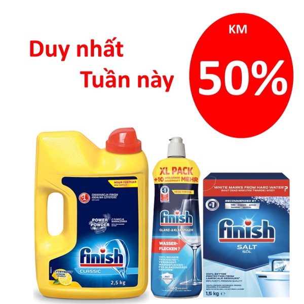 Combo Bột rửa bát finish 2.5kg + Muối Finish 1.5kg + Nước trợ xả Finish Dry Rinse Aid 800ml - chuyên dùng cho m