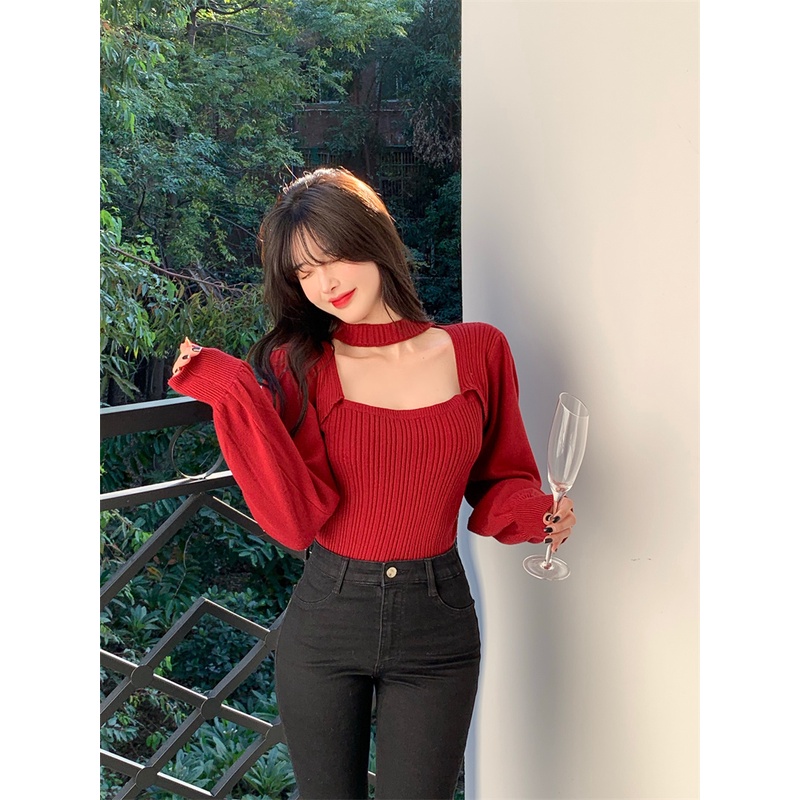 ZHELIHANGFEI Áo Dệt Kim Tay Phồng Cổ Vuông Lưng Cao Quyến Rũ Thời Trang Cho Nữ