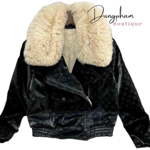 Áo da nhung vân chìm cổ lông hàng QCL1 - Dungpham.Boutique