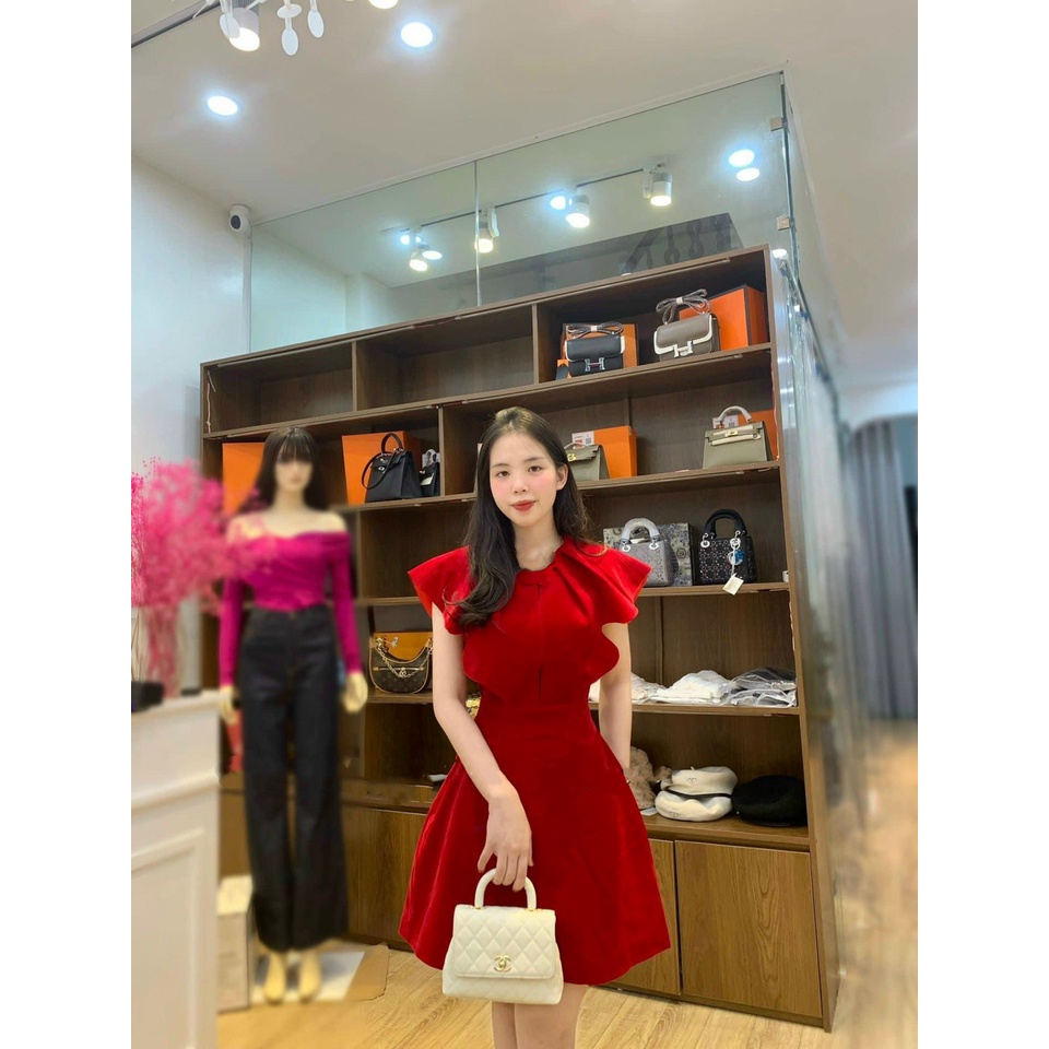 Đầm đỏ xòe nhung xếp ly vai đẹp loại 1