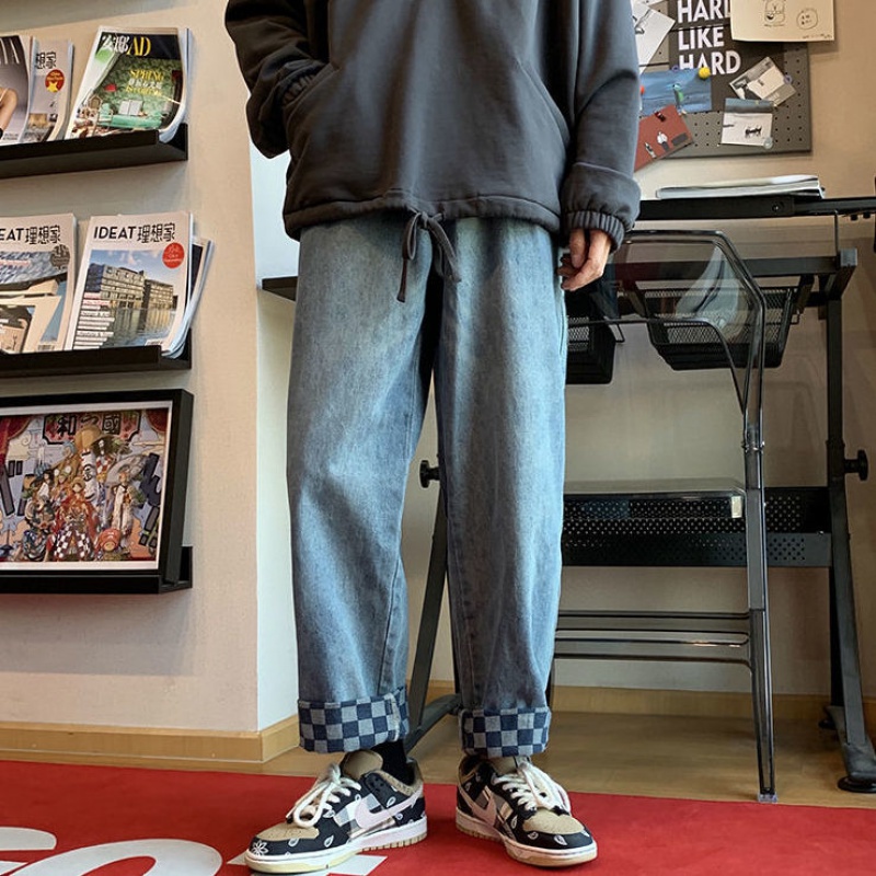 Quần Jean Ống Rộng Màu Sắc Tương Phản Phong Cách Hong Kong Thời Trang Xuân Hè Cho Nam