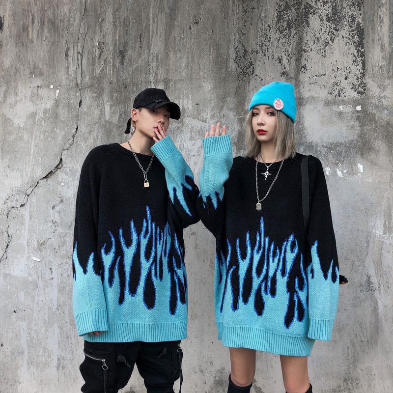 Áo Sweater Dệt Kim Dáng Rộng In Hình Ngọn Lửa Kiểu Hip-Hop Ấ