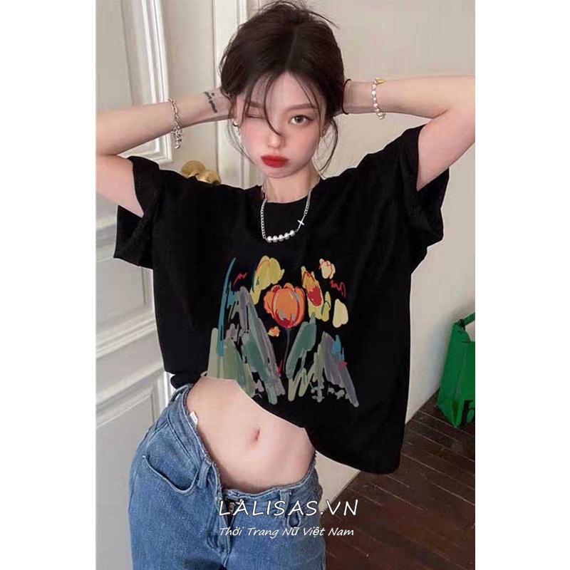 Áo Thun Ngắn Tay In Hoa Xinh Xắn Theo Phong Cách Hàn Quốc