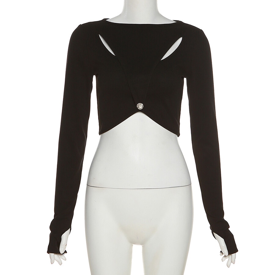 Weird Puss Áo Thun Crop Top Tay Dài Màu Trơn Dáng Ôm Đính Nút Trang Trí Lỗ Hở Thời Trang Mùa Thu Mới Cho Nữ