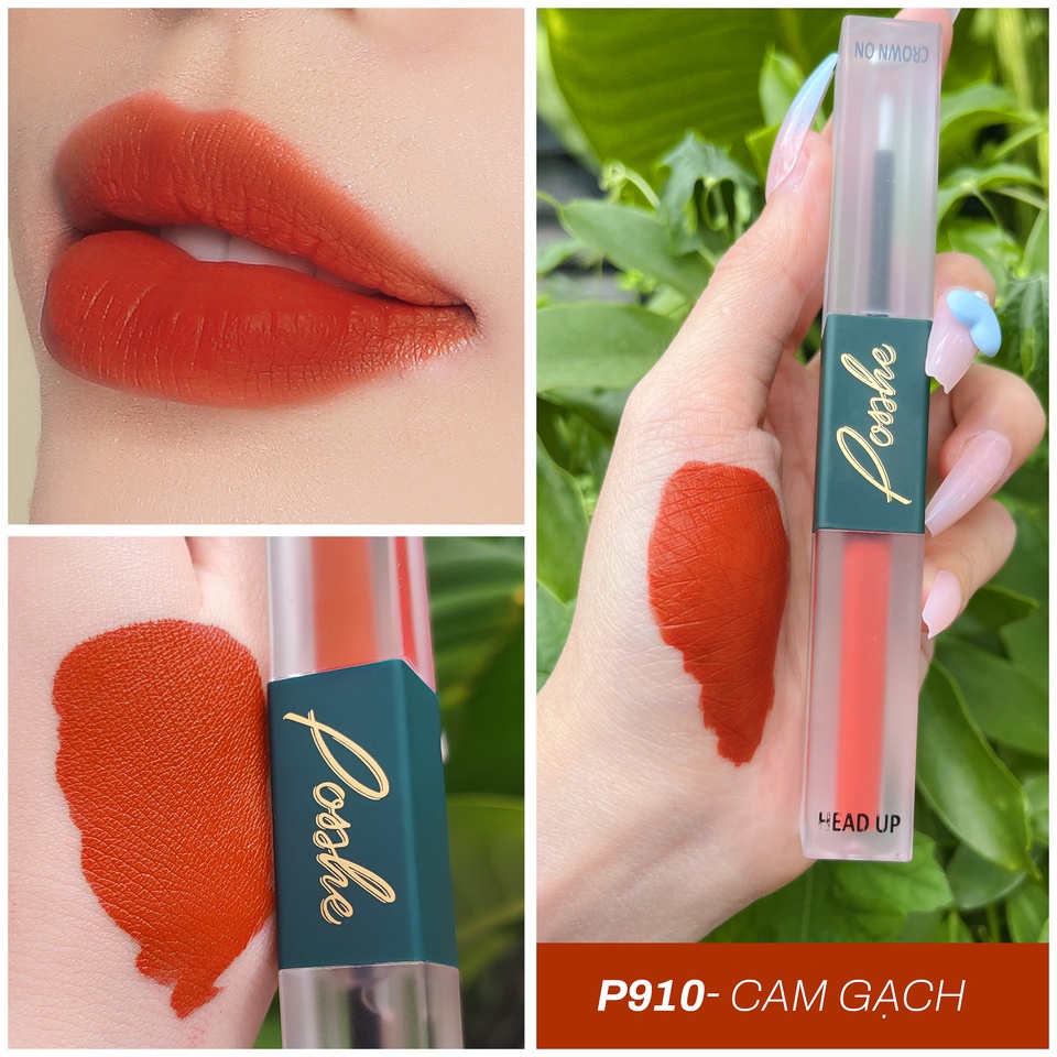 Son Kem 2 Đầu Posshe Siêu Lì Không Trôi Màu P910: Cam Gạch - Mua 2 Cây Tặng Kem Má Hồng + Son Dưỡng Và Sáp Tẩy