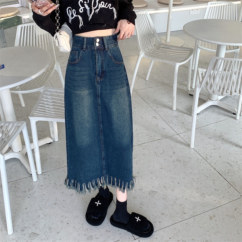 IELGY  IELGY Chân váy jean Lưng Cao Phối Tua Rua Thời Trang Cho Nữ