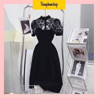 SET ĐẦM MIDI ĐEN HAI DÂY + KHOÁC REN CROPTOP TAY NGẮN [kèm ảnh thật ]
