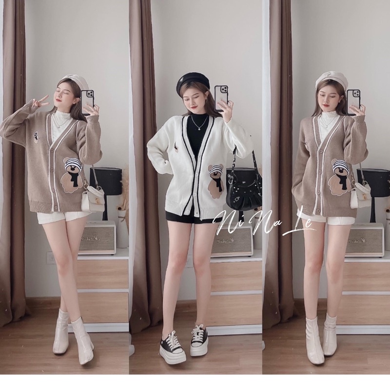 Áo cadigan gấu viền trắng nâu Nina Le ✨Lotus Shop✨