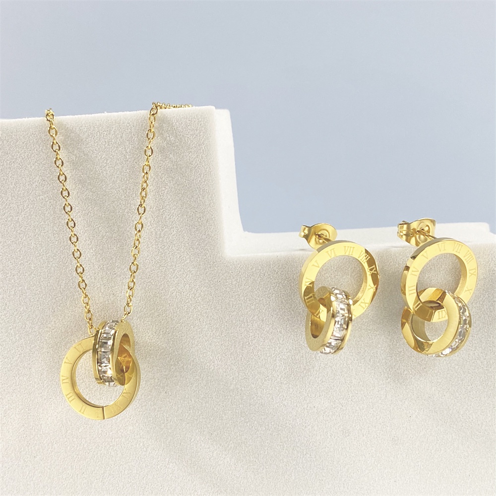 Besfome Set Vòng cổ Và Bông Tai Hai Vòng Tròn Khắc Số La Mã Đính Đá Zircon Thời Trang