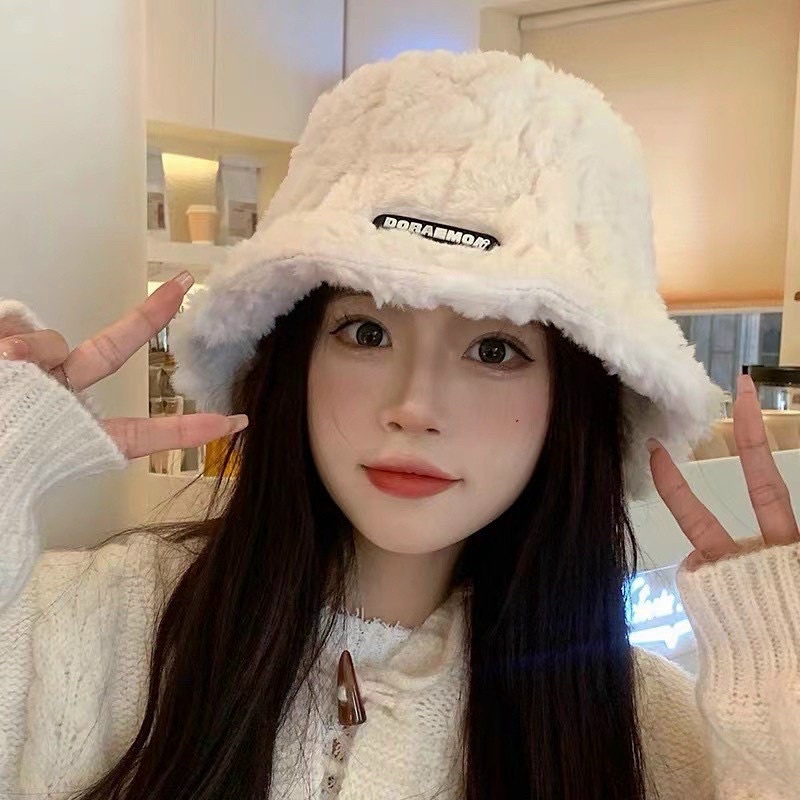 Mũ nón bucket lông gắn chữ Doraemon phong cách Ulzzang