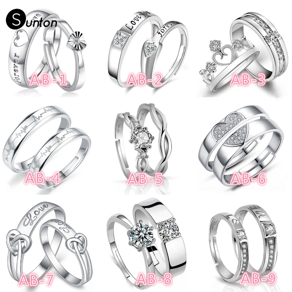 Bộ 2 Nhẫn Cưới Bạc 925 Đính Kim Cương Pha Lê Có Thể Điều Chỉnh Sunton JP5