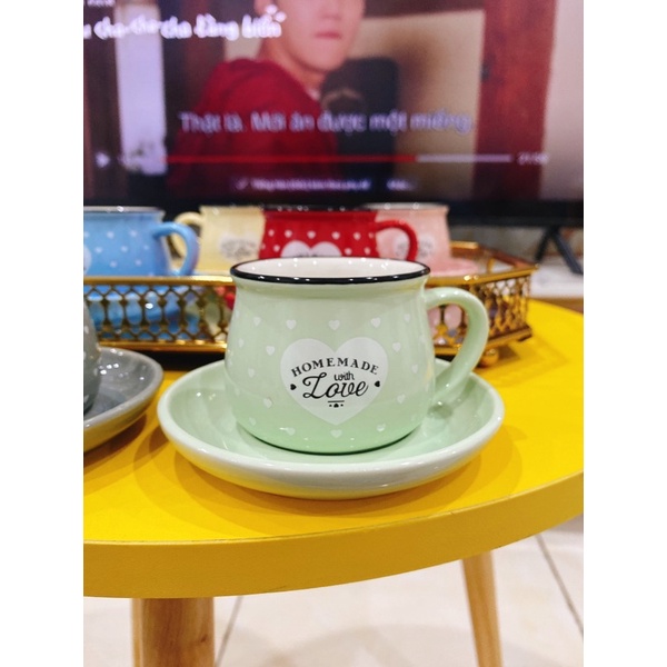 Set tách đĩa cafe hoạ tiết chấm bi