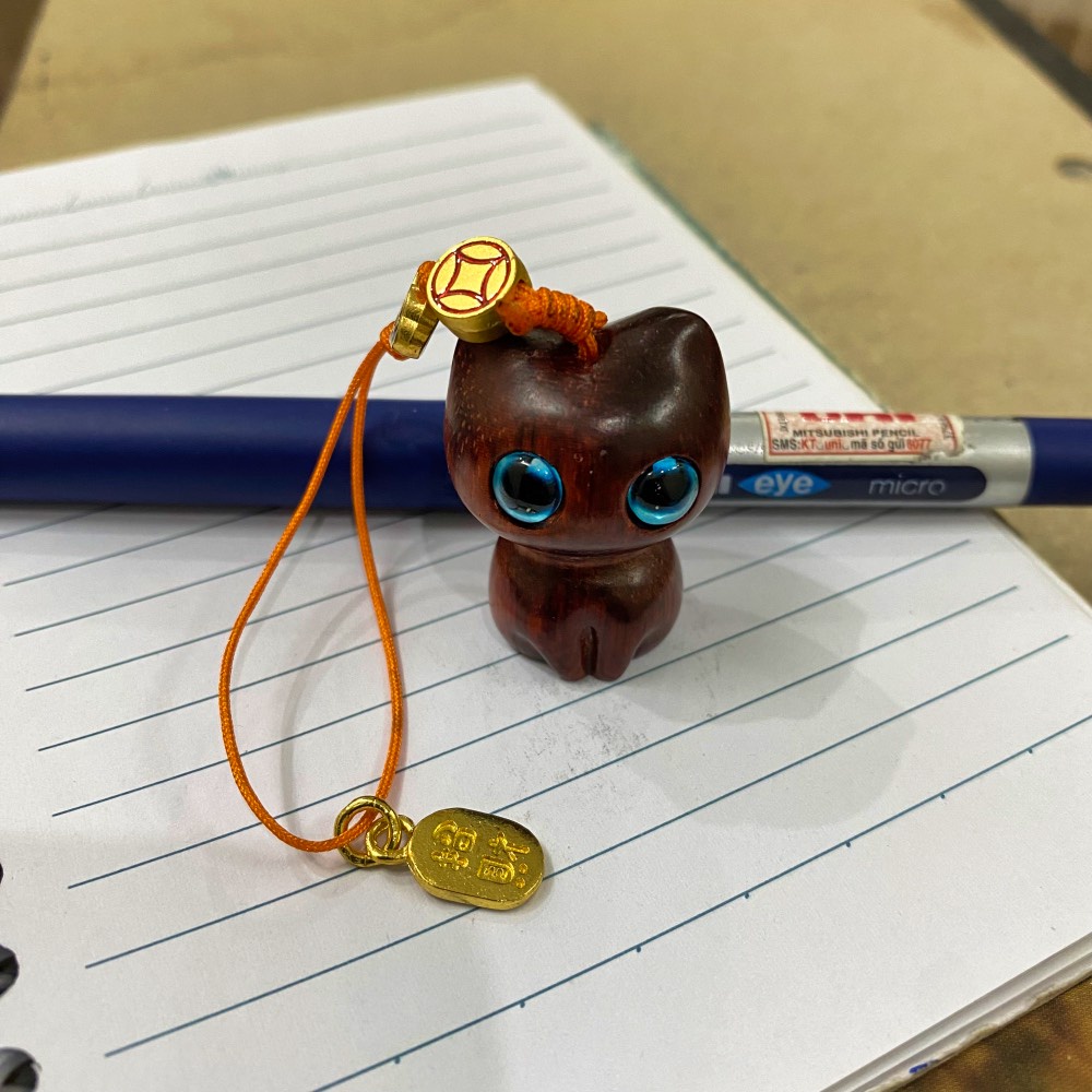 Dây đeo mèo gỗ mun, quà tặng, đeo giỏ xách, làm móc khoá dễ thương.