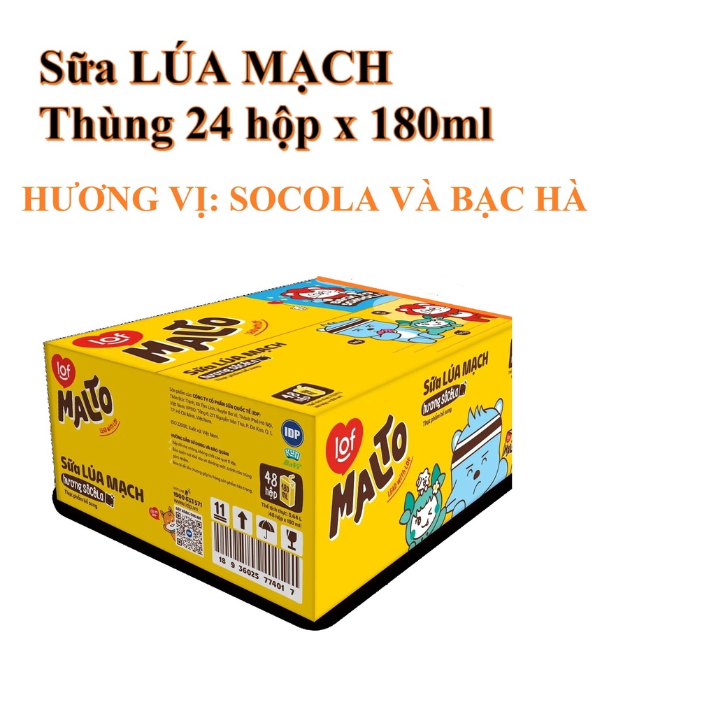 24 hộp sữa lúa mạch MALTO 180ml 2 vị Socola Bạc hà