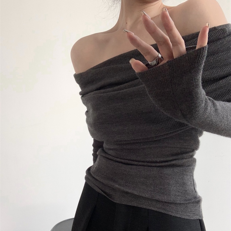 COZOKC COZOK Áo thun dệt kim COZOK trễ vai mỏng dài tay