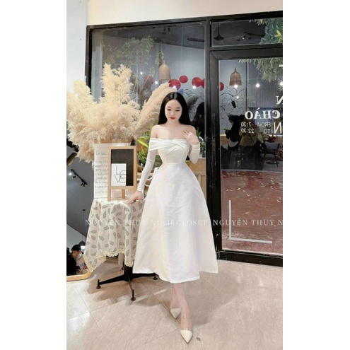 Đầm thời trang nữ mặc đi tiệc chất nhung cỗ trễ tay áo dài đầm chữ A dài qua gối có 3 màu đỏ trắng đen