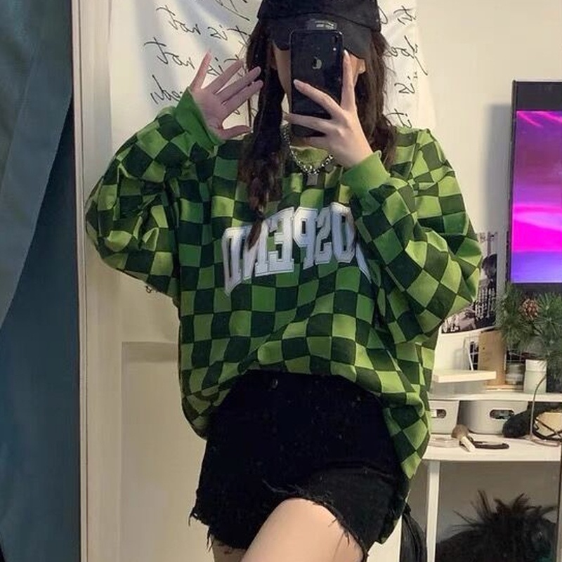 Áo Sweater Dáng Rộng Họa Tiết Sọc Caro Màu Xanh Lá Phong Cách Hippie Y2k Thời Trang Xuân Thu Cho Nữ
