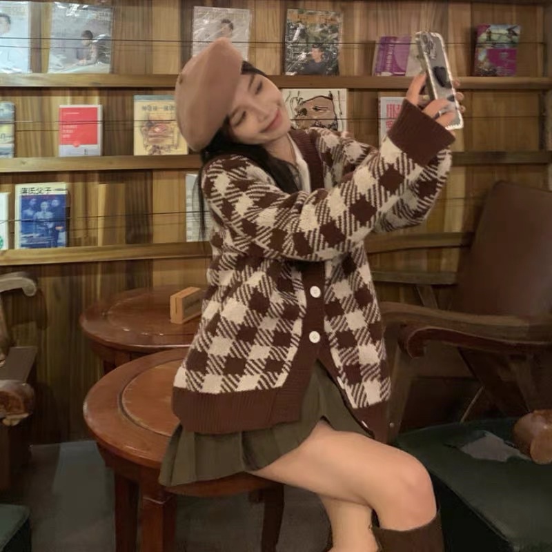 Áo khoác Len Nữ dáng dài, Cardigan len nữ kẻ ô dài ngang mông freesize 40-65kg