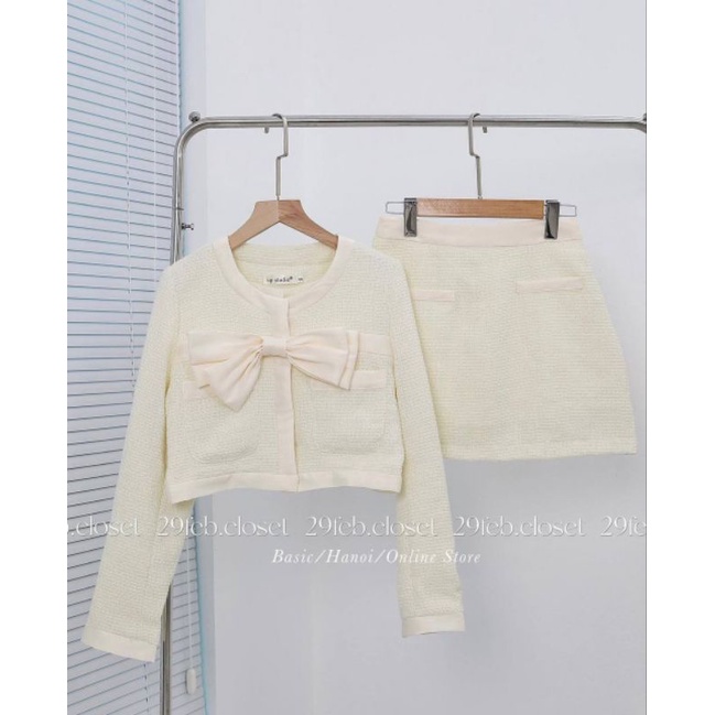 SET DẠ TRẮNG VIỀN NƠ PHI KÈM CHÂN VÁY