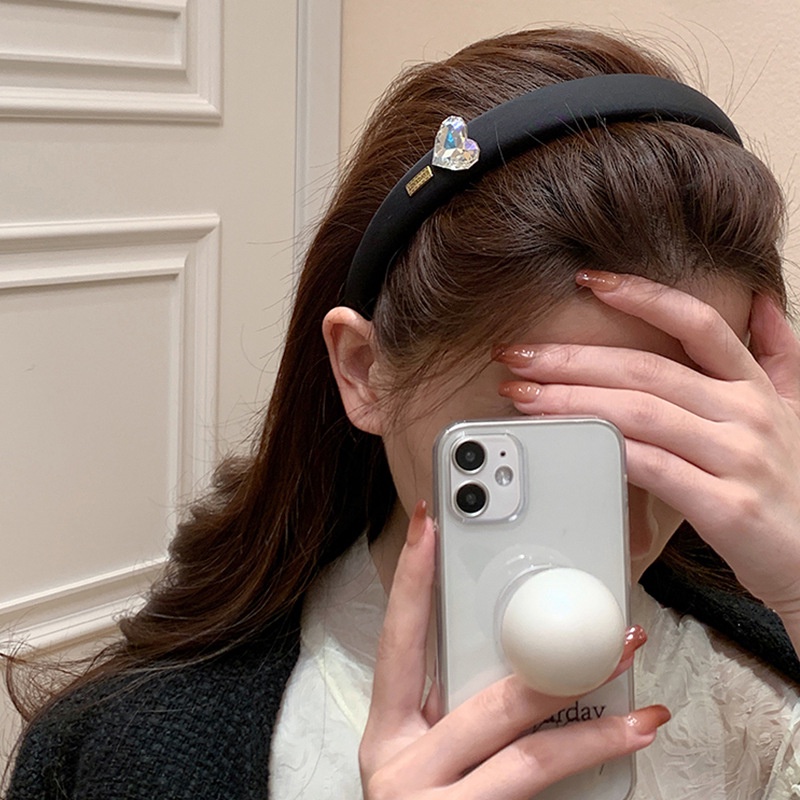 Băng Đô Cài Tóc Bản Rộng Đính Đá Hình Trái Tim Màu Đen Thời Trang Cho Nữ