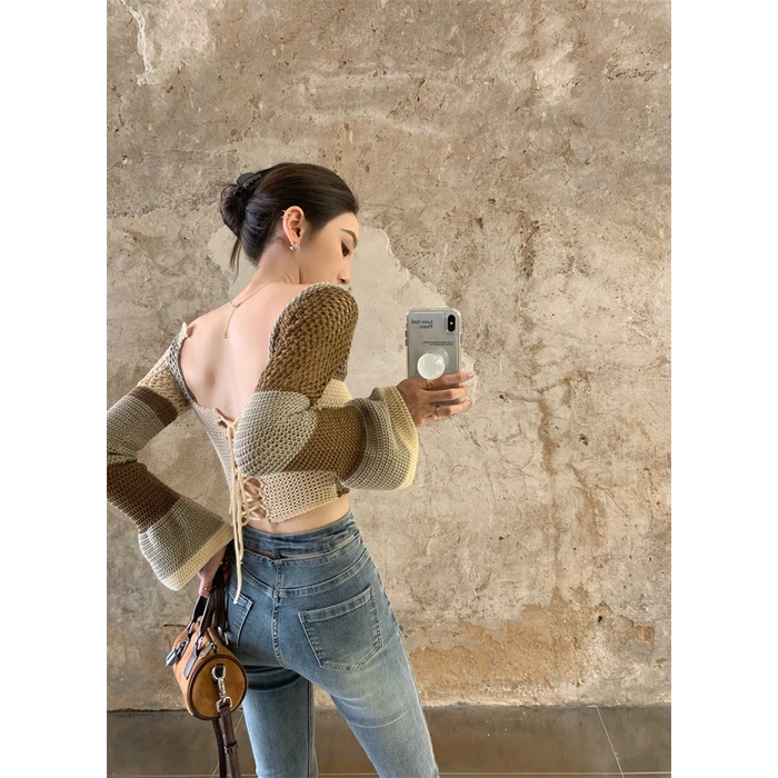 Áo dệt kim ZHELIHANGFEI tay dài cổ vuông hở lưng quyến rũ phong cách thời trang Pháp