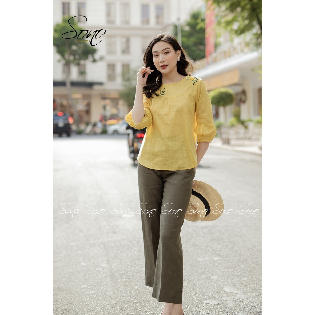 Sono - Áo Chất Liệu Linen Họa Tiết Thêu Tay Dáng Tay Lửng Xếp Ly Phong Cách Tinh Tế Nhẹ Nhàng