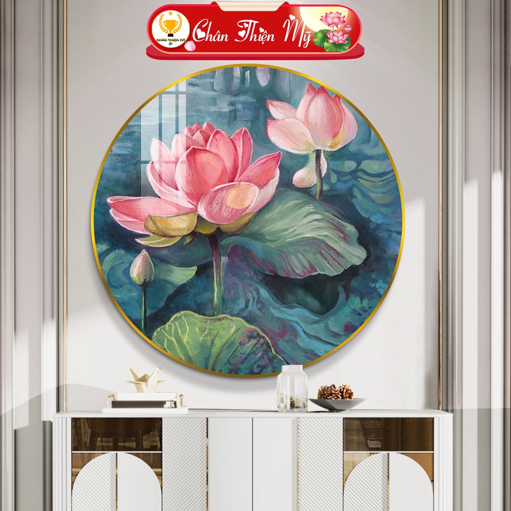 Tranh Tráng Gương Pha Lê Tròn CHÂN THIỆN MỸ, Decor Treo Tường Trang Trí Phòng Sơn Dầu Hoa Sen TG-T1-207