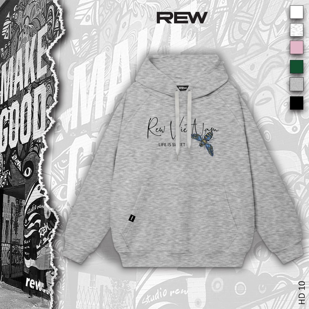 Áo Hoodie xám ghi đậm form rộng 100% Cotton REW - Định Lượng 350GSM form rộng Unisex dành cho cả nam và nữ