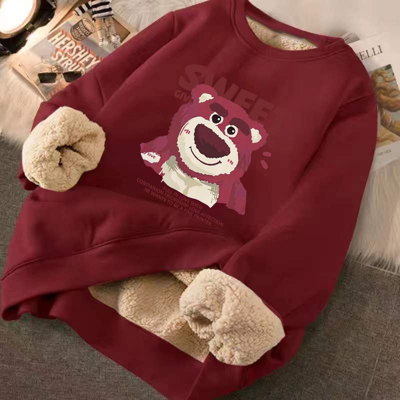 [Hàng Có Sẵn] Áo Sweater Lông Cừu Tay Dài Dáng Rộng Cổ Tròn In Hình Gấu Dâu Tây Phong Cách Hàn Quốc Mới | BigBuy360 - bigbuy360.vn