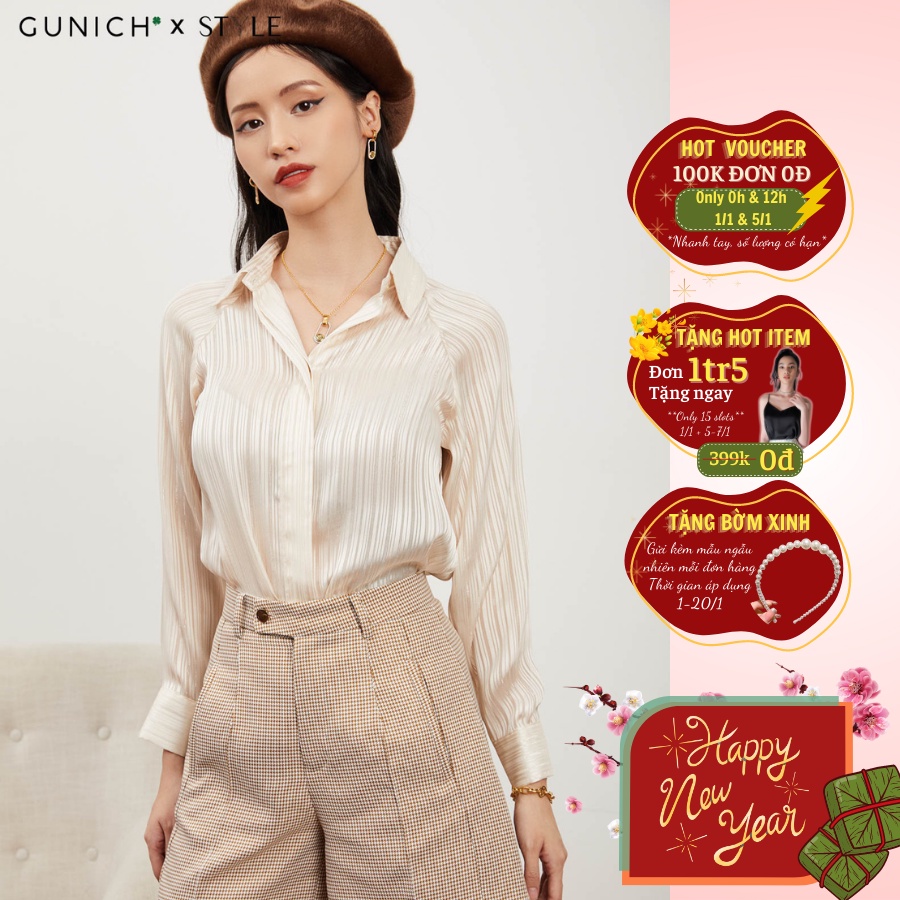 Áo sơ mi kẻ sọc be, chất tơ lụa mềm mịn cao cấp GUNICH