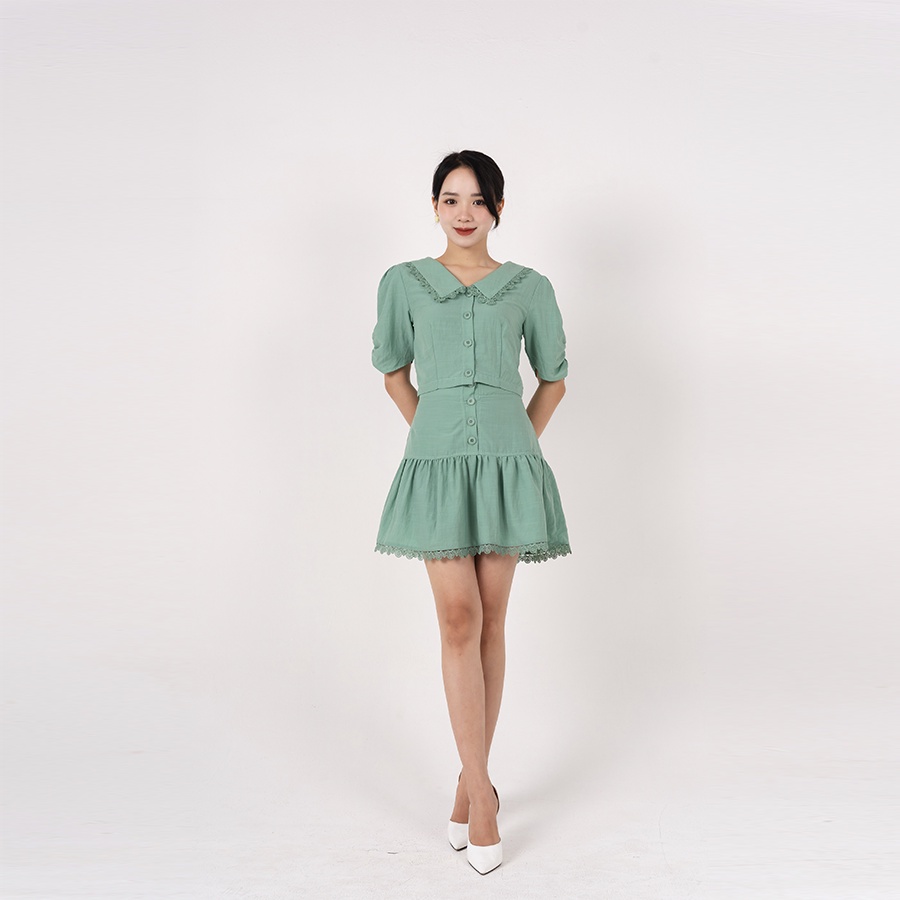Set Áo Croptop Tay Phồng Cổ Cánh Sen Và Chân Váy Tùng Xòe Hai Màu Trắng Và Xanh Vỏ Đậu Luu's Collection