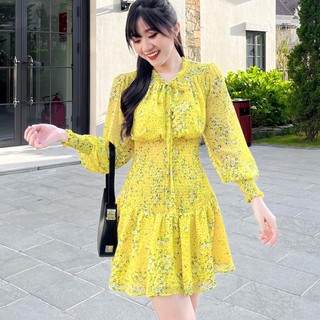 Đầm SANDRA - Đầm tay dài smocking eo cổ tròn
