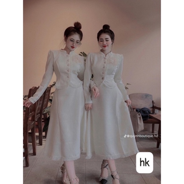 Sét áo dạ cổ tàu mix chân váy dạ kèm tag hoa siêu đẹp