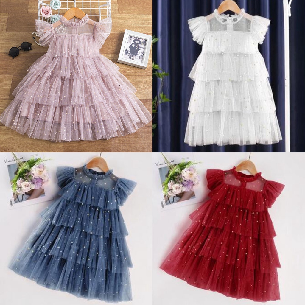 Đầm Công Chúa Nhiều Tầng Không Tay Vải Tuyn Đính Kim Sa Hình Ngôi Sao Thời Trang Mùa Hè Cho Bé Gái