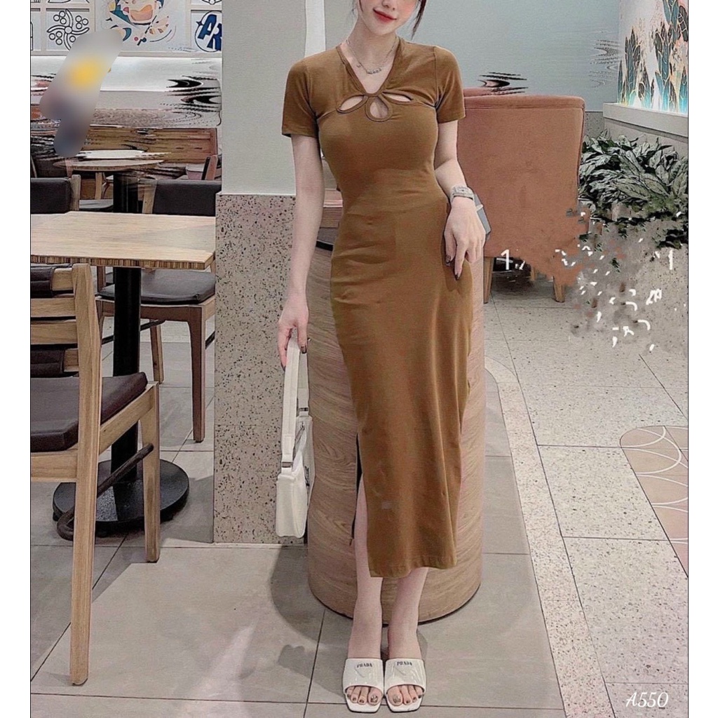 Đầm gân nữ ôm dáng body xẽ tà kiểu tay ngắn chất thun gân khoét 3 giọt nước kiểu hở lưng ảnh thật cực hot