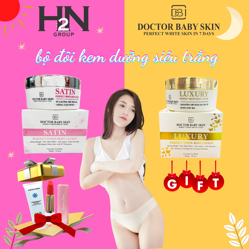 Bộ Đôi Kem Dưỡng Trắng Body Ngày và Đêm (Luxury & Satin) Perfect White Body Lotion - Doctor Baby skin