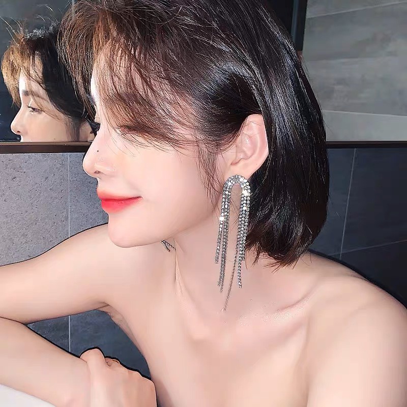 Bông tai nữ tua rua đính đá Bling Bling 2 màu Khuyên tai dự tiệc sang chảnh