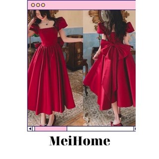 ❤️Đầm midi đỏ thiết kế cổ vuông viền hạt nơ lưng tiểu thư MeiHome🥰